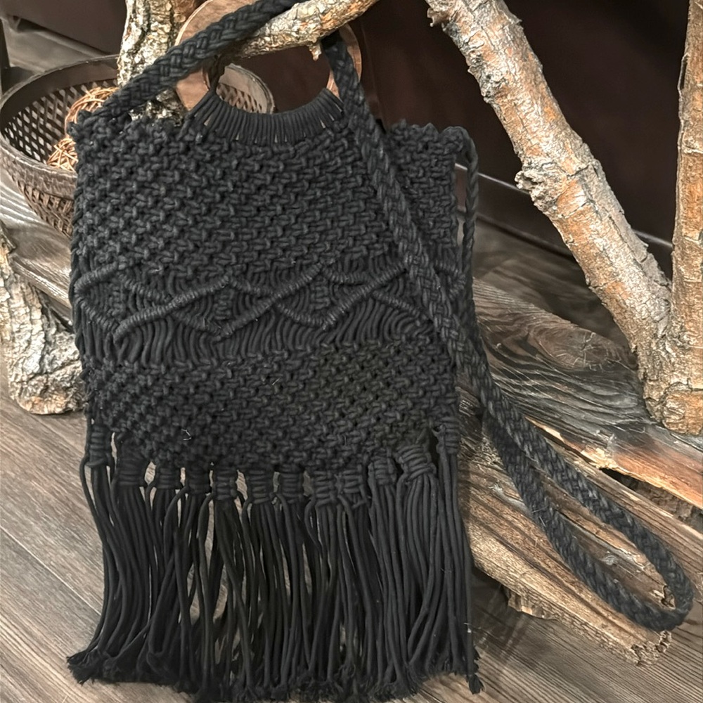 Danielle Nicole Black Macram Purse Wooden Handles… - image 1